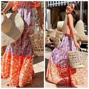 Place du Soleil Floral Ikat Tiered Sleeveless Ruffle Maxi Dress Multicolor
